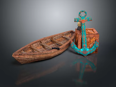 Rustic Nautical Decorative Scene With Wooden Boat Blue Anchor And Box 3d model