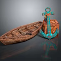 Rustic Nautical Decorative Scene With Wooden Boat Blue Anchor And Box