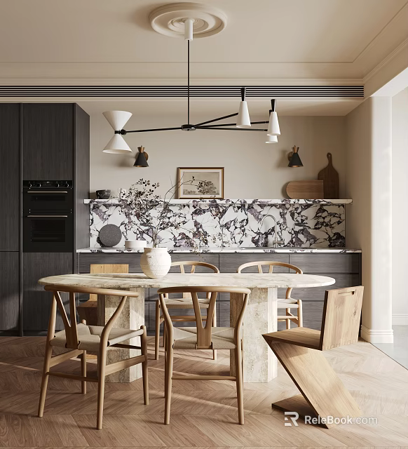 Elegant Modern Restaurant Interior With Marble Dining Table Wooden Chairs Patterned Wall And Pendant Lighting 3d model