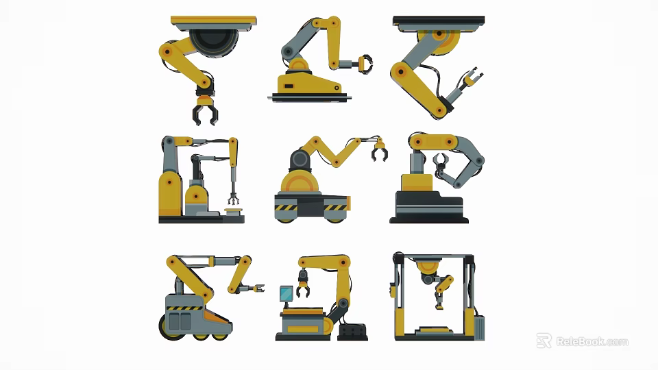 Yellow Gray Industrial Robot Silhouettes With Different Poses And Mechanical Arms 3d model 