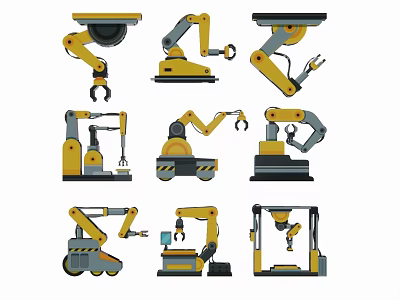 Yellow Gray Industrial Robot Silhouettes With Different Poses And Mechanical Arms 3d model