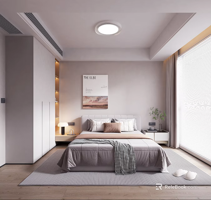 Modern Minimalist Bedroom With Bed Lamps Artwork And Large Window 3d model 