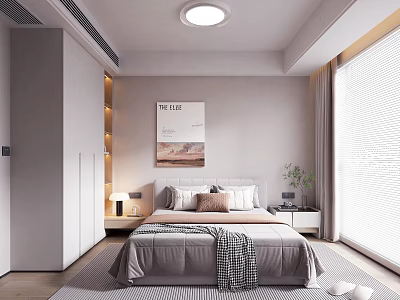 Modern Minimalist Bedroom With Bed Lamps Artwork And Large Window 3d model