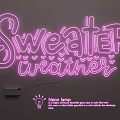 Pink Neon Lamp With Sweater Weather Text And Heart Decorations On Wall