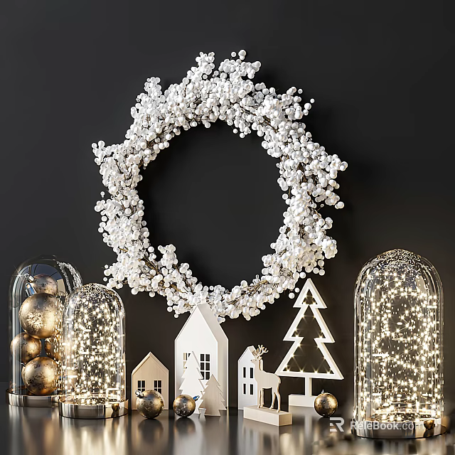 Decorative Ornament Set Featuring White Wreath Small Houses Christmas Tree Glass Cloches and Golden Balls 3d model 