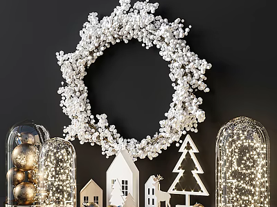 Decorative Ornament Set Featuring White Wreath Small Houses Christmas Tree Glass Cloches and Golden Balls 3d model