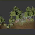 Rustic Log Cabin In Natural Setting With Pine Trees Windmill Stream And Wooden Bridge