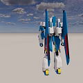 Blue and White Standing Robot Model Against Blue Sky with Clouds and Gray Ground