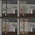 Modern Glass Room Divider With Black Metal Frame And Green Plant Decor