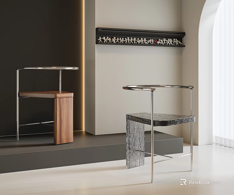 Modern Minimalist Dining Chairs With Sleek Metal Frames And Wooden Stone Textured Seats 3d model 