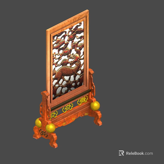 Traditional Chinese Carved Screen with Dragon and Qilin Patterns Wooden Frame and Golden Decorative Balls 3d model 