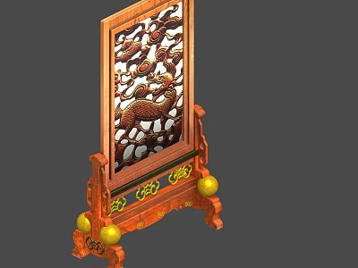 Traditional Chinese Carved Screen with Dragon and Qilin Patterns Wooden Frame and Golden Decorative Balls 3d model