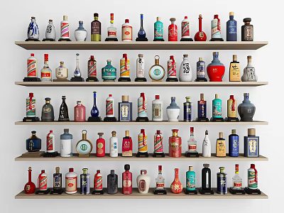 Colorful Liquor Bottles and Glasses Display with Various Styles on Shelves 3d model