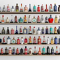 Colorful Liquor Bottles and Glasses Display with Various Styles on Shelves