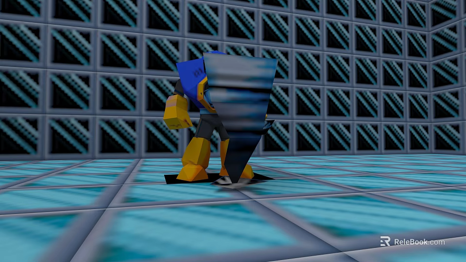 Video Game Character With Blue Head Yellow Arms And Armored Body On Grid Wall Floor 3d model 