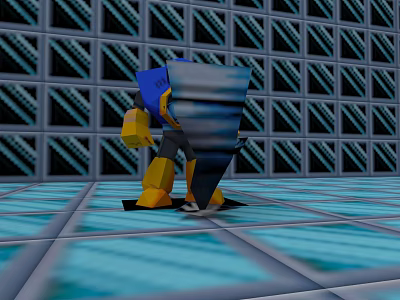 Video Game Character With Blue Head Yellow Arms And Armored Body On Grid Wall Floor 3d model