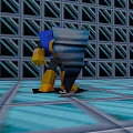 Video Game Character With Blue Head Yellow Arms And Armored Body On Grid Wall Floor
