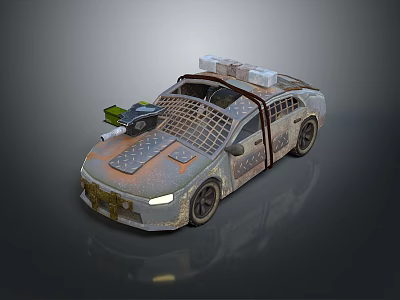 Rusty Worn Car With Metal Mesh Roof And Storage Boxes On Top 3d model
