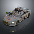 Rusty Worn Car With Metal Mesh Roof And Storage Boxes On Top