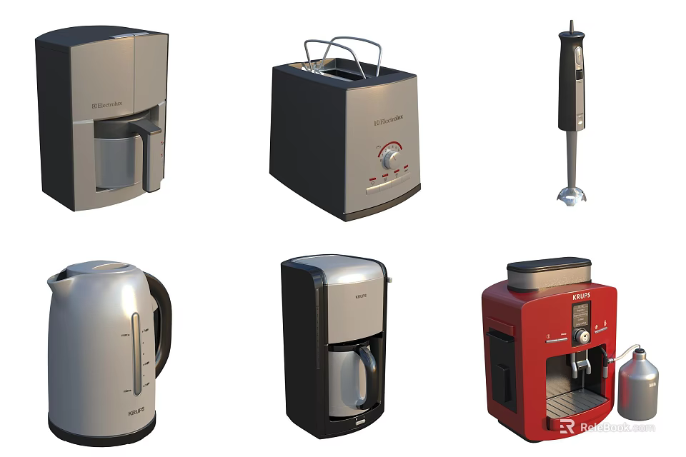 Various Kitchen Appliances Including Coffee Maker Toaster Blender Kettle And Espresso Machine 3d model