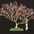 Elegant Bonsai Tree With Pink Flowers Green Grass And Purple Small Flowers