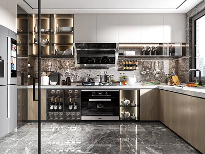 Modern Kitchen Interior Design With Marble Countertop Cabinets Wine Rack And Appliances 3d model