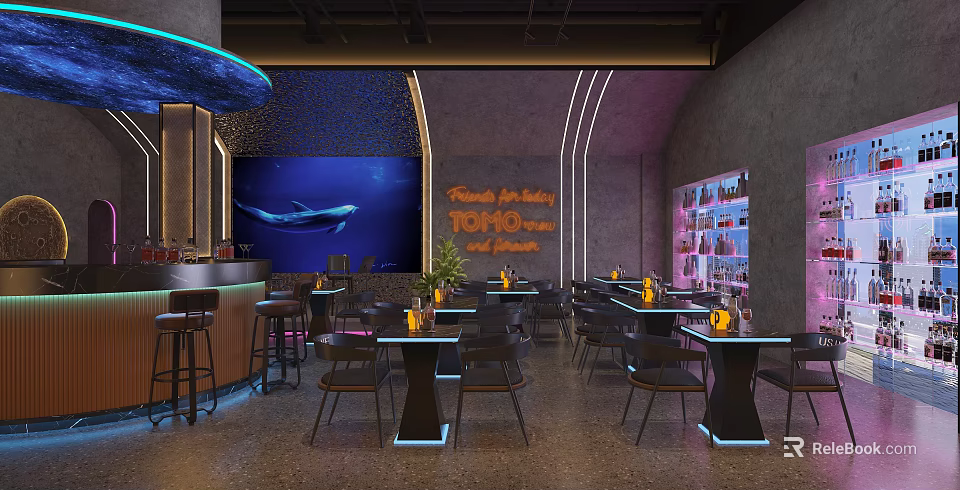 Modern Bar Interior With Whale Mural Neon Sign Tables And Decorative Lighting 3d model 