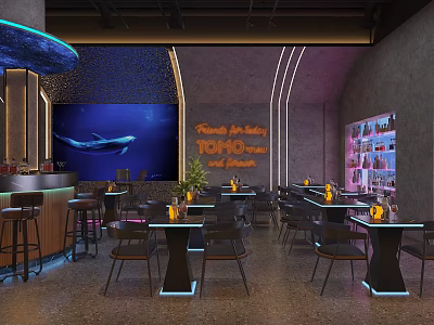 Modern Bar Interior With Whale Mural Neon Sign Tables And Decorative Lighting 3d model