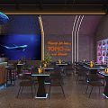 Modern Bar Interior With Whale Mural Neon Sign Tables And Decorative Lighting