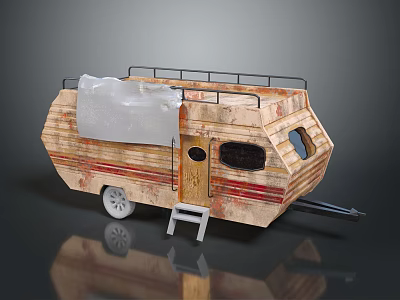 Vintage Brown Trailer With Red Stripes Roof Rack Ladder Wooden Door Black Windows White Wheels 3d model