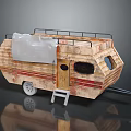 Vintage Brown Trailer With Red Stripes Roof Rack Ladder Wooden Door Black Windows White Wheels