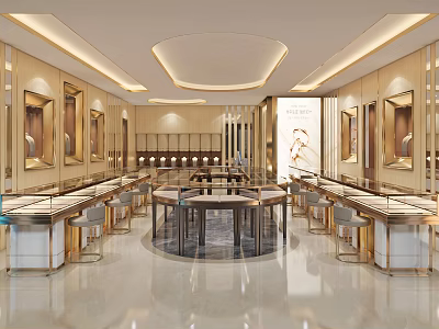 Luxurious Jewelry Store Interior With Glass Display Cases And Round Counters 3d model