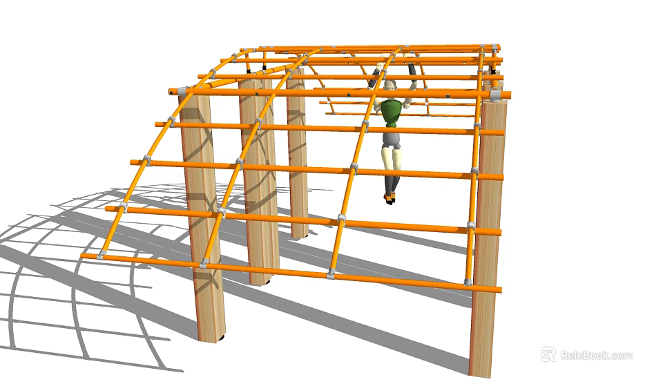 Outdoor Playground Climbing Equipment With Orange Metal Frame And Wooden Posts For Children 3d model 