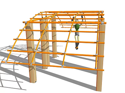 Outdoor Playground Climbing Equipment With Orange Metal Frame And Wooden Posts For Children 3d model