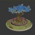 Bonsai Tree With Brown Trunk Green Leaves And Grass Around Stone Wall On Circular Base
