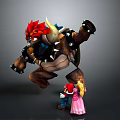 3D Game Character Scene With Red Spiked Monster Red Outfit Male And Pink Dress Female