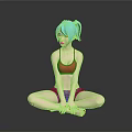 3D Character With Blue Hair Red Sports Bra Blue Shorts Cross Legged Sitting Black Floor