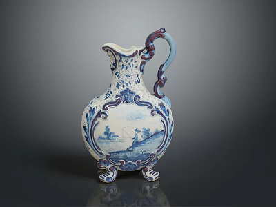 Blue And White Carved Ceramic Pitcher With Landscape Patterns Decorative Handle And Ornate Base 3d model