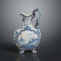 Blue And White Carved Ceramic Pitcher With Landscape Patterns Decorative Handle And Ornate Base