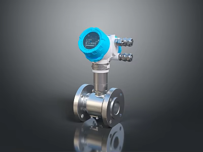 Industrial Flow Meter With Blue Digital Display And Silver Metal Flange Body 3d model
