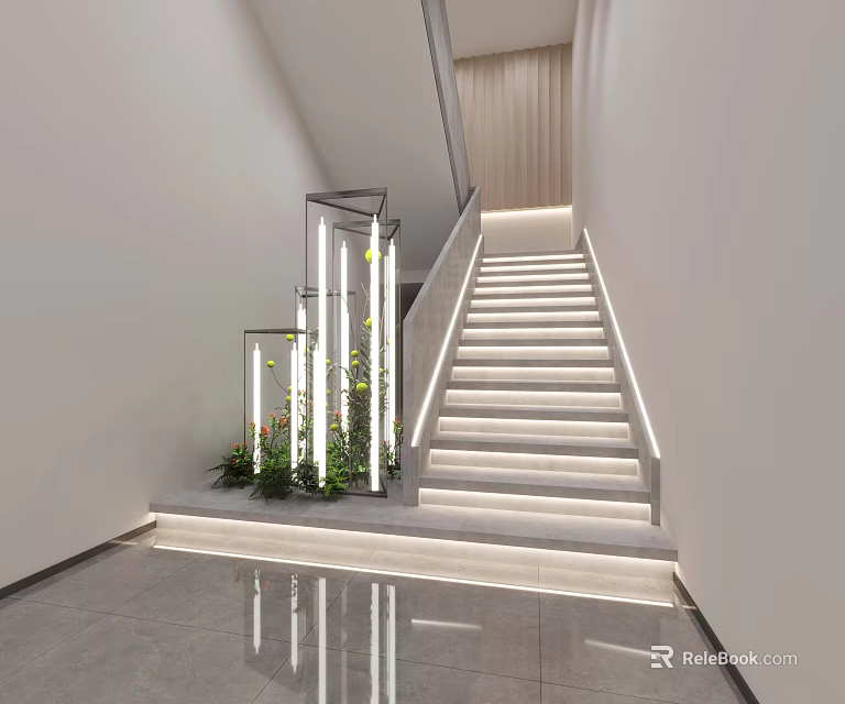 Modern Staircase Design With Illuminated Steps Metal Railing And Green Plants 3d model 