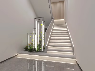 Modern Staircase Design With Illuminated Steps Metal Railing And Green Plants 3d model