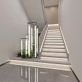 Modern Staircase Design With Illuminated Steps Metal Railing And Green Plants