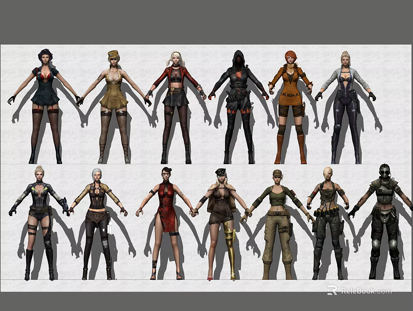 Game Movie Character Designs Featuring Multiple Female Roles in Various Outfits 3d model 