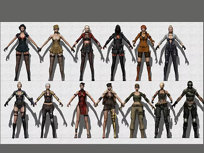 Game Movie Character Designs Featuring Multiple Female Roles in Various Outfits 3d model