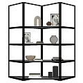 Modern Black Frame Shelving Unit With Vase Books Decorative Items And Framed Art