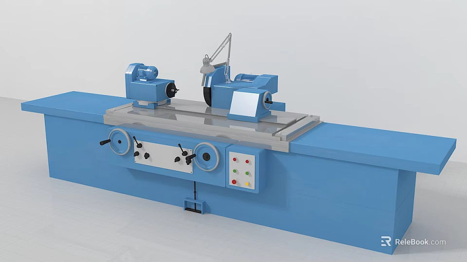 Blue Industrial Cylindrical Grinding Machine With Bed Control Panel And Grinding Components 3d model