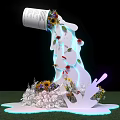 Tilted White Can Art Display With Flowing Liquid Colorful Flowers Blue Lighting On Green Grass 3d model