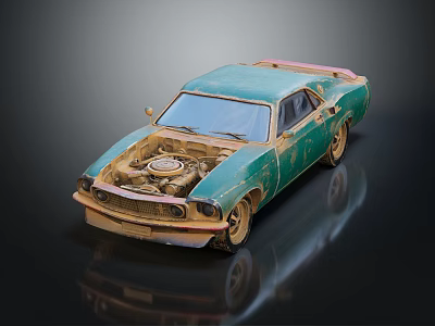 Rusty Green Vintage Car With Open Hood And Exposed Engine 3d model