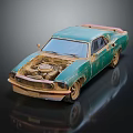 Rusty Green Vintage Car With Open Hood And Exposed Engine 3d model